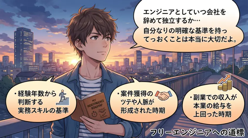 フリーランスエンジニア独立のタイミングと判断基準を解説するイラスト
