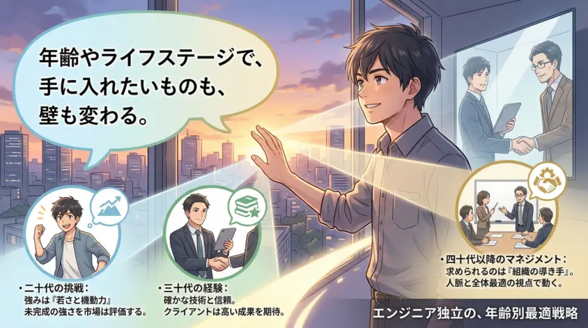 エンジニアの独立タイミングを20代・30代・40代の年齢別に解説した、ライフステージごとのキャリア戦略イメージ画像