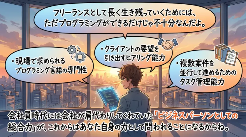 フリーランスエンジニア独立に不可欠な3つのスキル（専門性・ヒアリング能力・タスク管理）を解説したイラスト