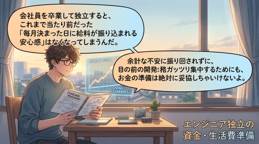 エンジニアが独立するタイミングで準備すべき資金と生活費の重要性を伝えるイラスト