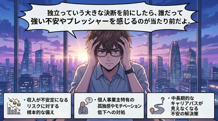 会社員エンジニアが独立時に感じる不安（収入・孤独・キャリア）とその解消法をまとめたイメージイラスト