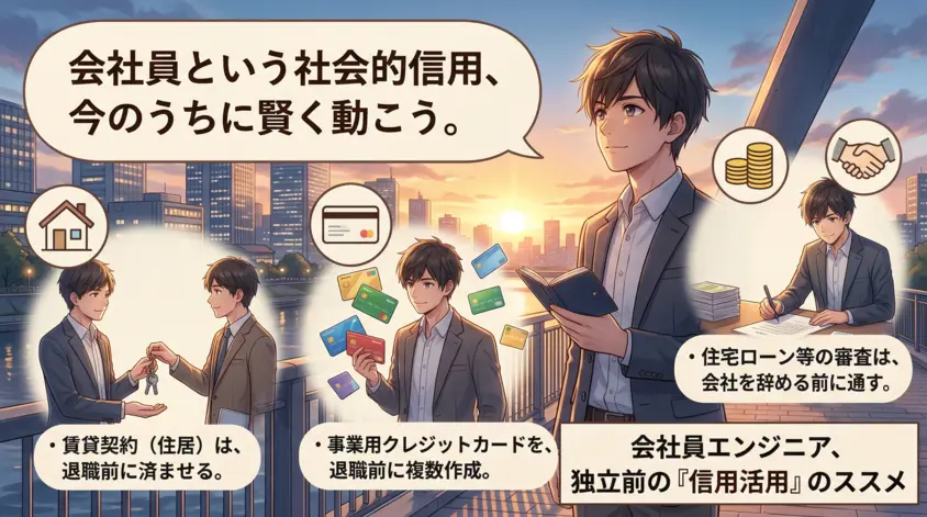 会社員エンジニアが独立前に済ませるべき、賃貸契約・クレジットカード作成・ローン審査の重要性を解説するイラスト