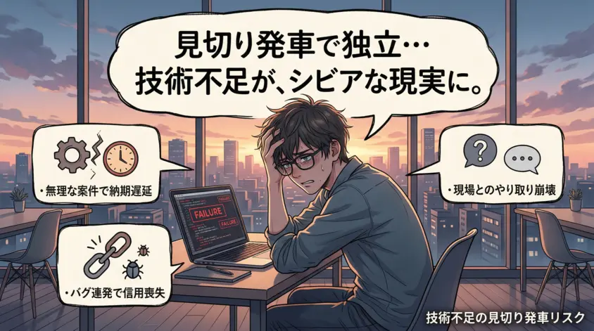 技術力不足のまま独立したエンジニアが直面する、納期遅延やバグ連発、信用喪失などの見切り発車リスクを解説したイラスト