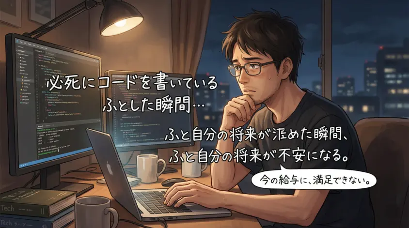 コードを書く手を止め、将来の不安や給与への不満に悩む男性ITエンジニアのイメージ画像