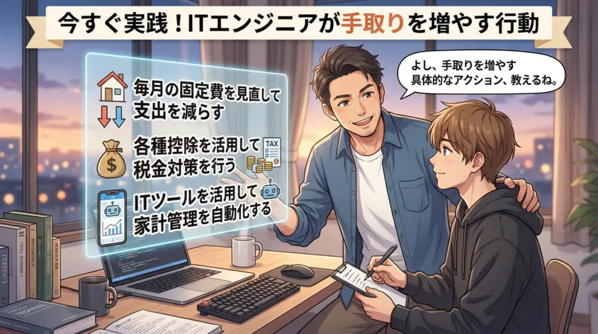 ITエンジニアが手取りを増やすための具体的な行動(固定費見直し・税金対策・家計管理の自動化)を解説する男性のイラスト