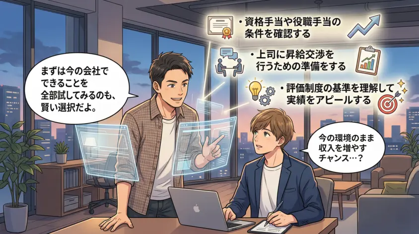 会社員エンジニアが今の職場で給与アップするコツ(資格手当・昇給交渉・評価基準の理解)を解説するビジネスイラスト