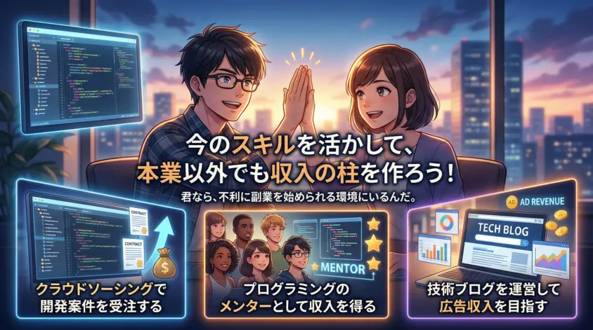 ITエンジニアのスキルを活かした3つの副業(クラウドソーシング、プログラミングメンター、技術ブログ運営)で収入の柱を作るイメージ画像