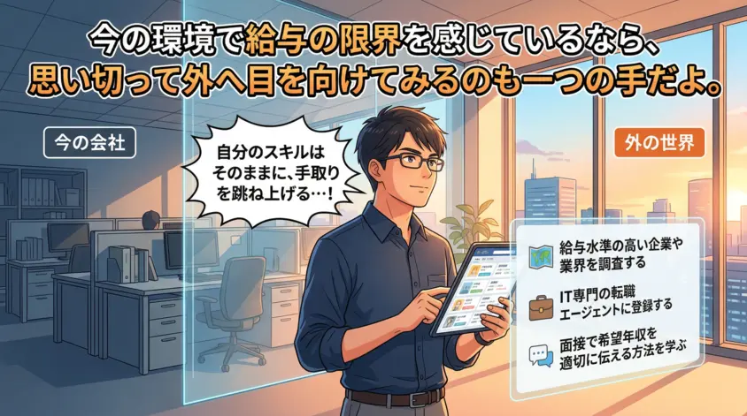ITエンジニアが転職で手取りを増やす3つの戦略(高給与企業の調査・専門エージェント活用・年収交渉術)を解説するイラスト