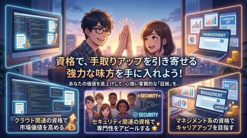 ITエンジニアが手取りを増やすための推奨資格(クラウド・セキュリティ・マネジメント)と、市場価値を高めるメリットを解説するイメージ画像