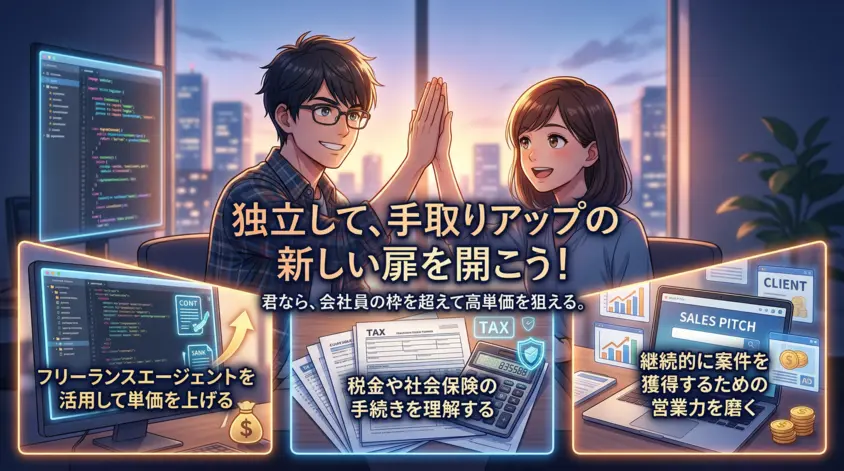 ITエンジニアが独立して手取りを増やす3ステップ(フリーランスエージェント活用・税金と社会保険の理解・営業力の強化)を解説するイラスト