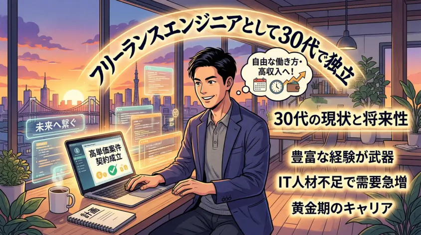 30代で独立を目指すフリーランスエンジニアの将来性と高単価案件獲得をイメージした図解画像
