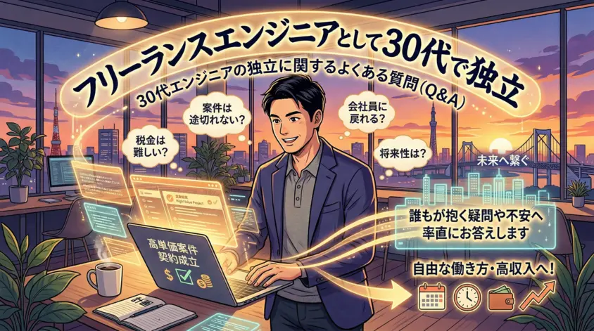 30代エンジニアの独立に関するよくある質問（Q&A）。案件確保、税金、将来性、会社員への復帰など、フリーランスの不安を解消するイメージ図解