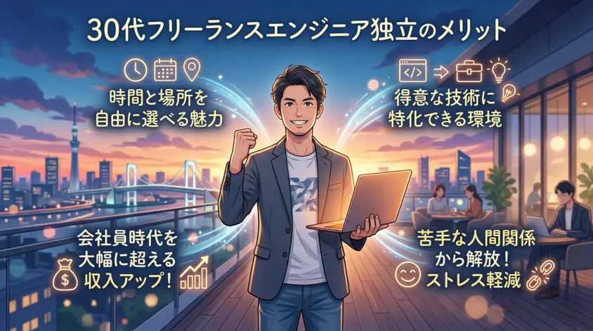 30代フリーランスエンジニアが独立で得る4つのメリット（年収アップ・自由な働き方・得意な技術・ストレス軽減）を表現したイラスト