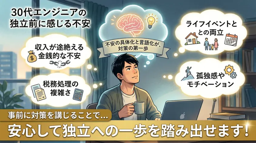 30代エンジニアが独立前に感じる不安（収入・税金・ライフイベント）の具体化と対策をイメージした図解画像