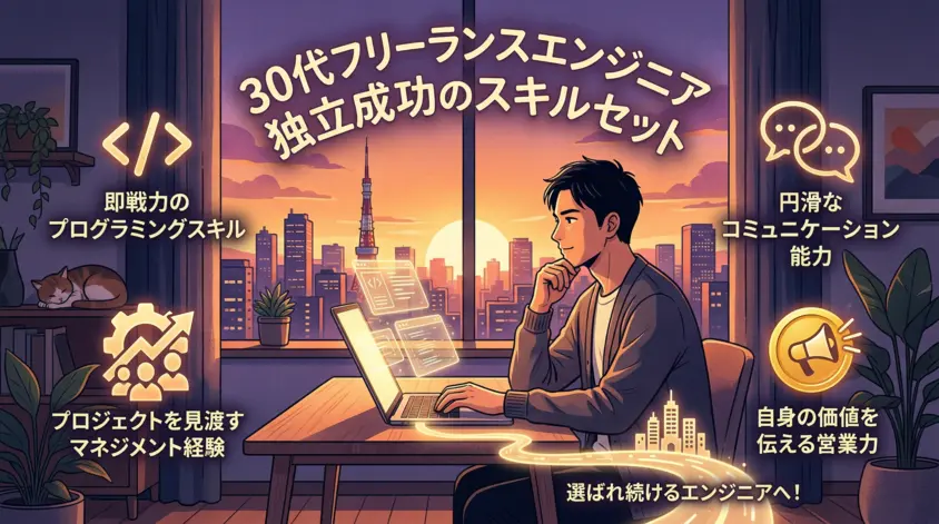 30代フリーランスエンジニアの独立成功に必要なスキルセット（技術力・コミュニケーション能力・営業力・マネジメント経験）を図解した画像
