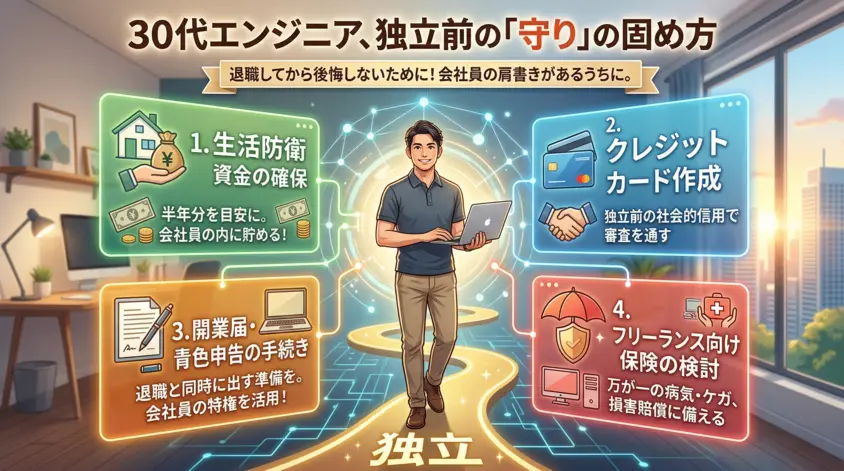 30代エンジニアが独立前にすべき準備のまとめ図解。生活防衛資金、クレジットカード作成、開業届、フリーランス保険の4項目を解説。