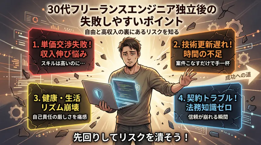 30代フリーランスエンジニアが独立後に失敗しやすい4つの原因。単価交渉、スキルアップ不足、健康管理、契約トラブルのリスクを解説した図解。
