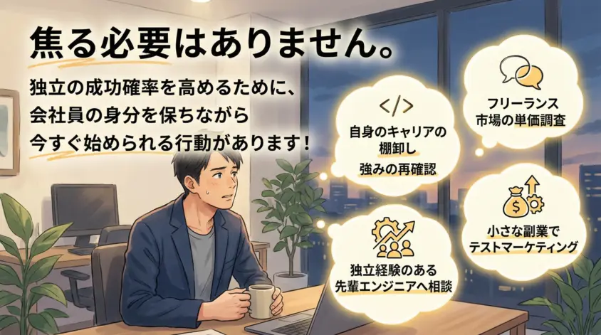 30代エンジニアが独立前にやるべき4つの準備（キャリア棚卸し・単価調査・副業・先輩への相談）を解説したイメージ画像