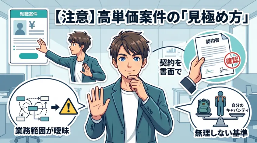フリーランスが高単価案件を見極めるための注意点。業務範囲の曖昧さ回避、書面契約、自分のキャパシティ管理を解説するイラスト。