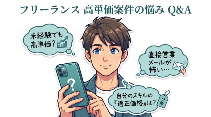 フリーランスが高単価案件で抱く悩みへのQ&Aイラスト。未経験からの挑戦、直接営業への不安、スキルの適正価格についての疑問。