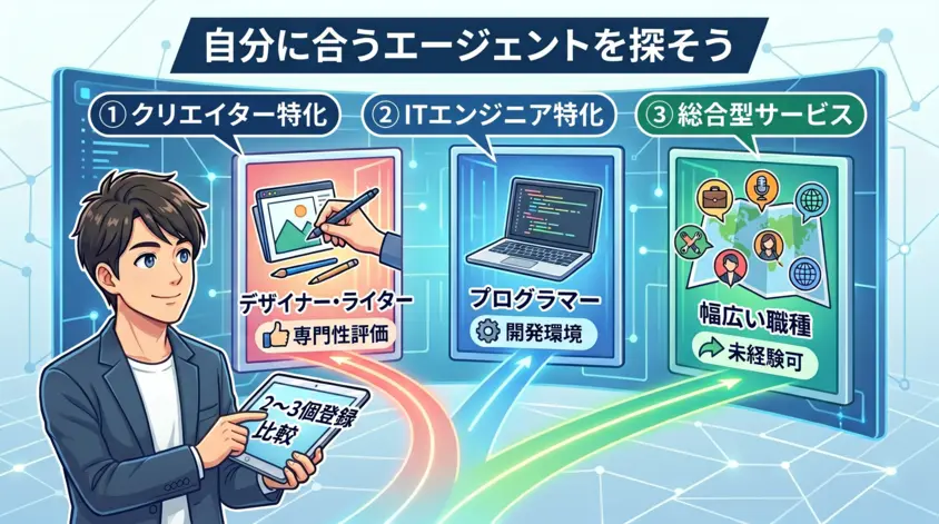 自分に合うフリーランスエージェントの選び方を解説するイラスト。クリエイター・エンジニア・総合型の特徴を比較する男性