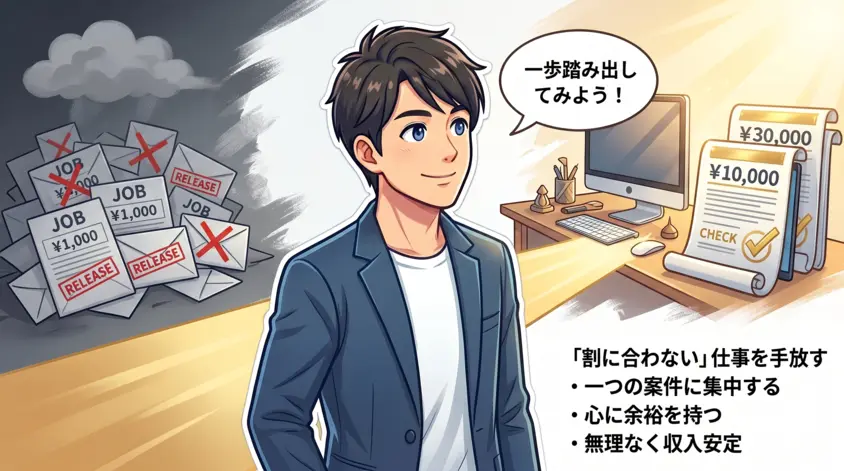 低単価案件で消耗するフリーランス男性が、高単価案件へのシフトで理想の働き方を実現するイメージ