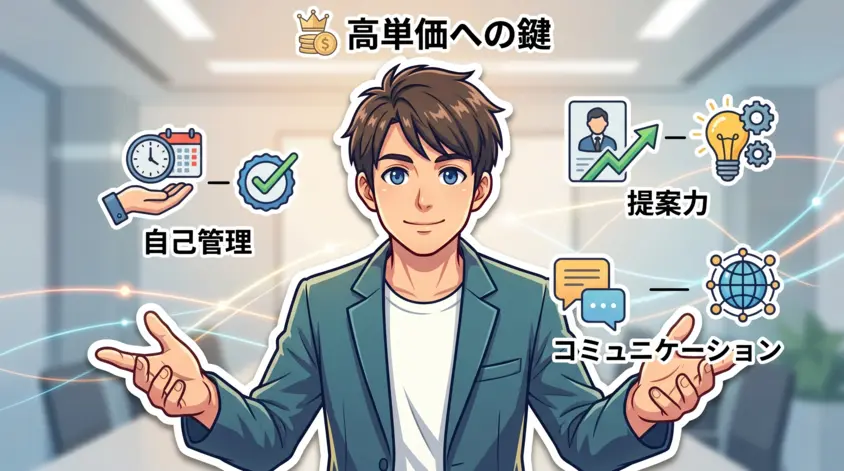 フリーランスが高単価案件を獲得するための必須スキル(提案力、自己管理、コミュニケーション)をまとめたイラスト。