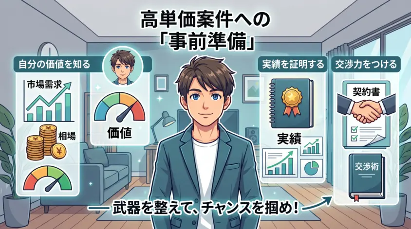 フリーランスが高単価案件を獲得するための事前準備を解説するイラスト。市場価値の把握、実績の証明、交渉術の3つのポイント。