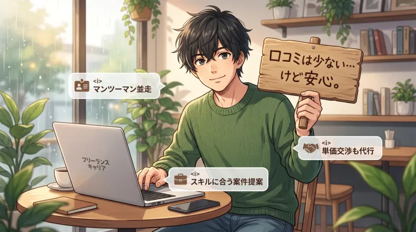 口コミが少ない理由と安心のサポート体制。フリーランスキャリアのスキルに合わせた案件提案と並走サポートのイメージ