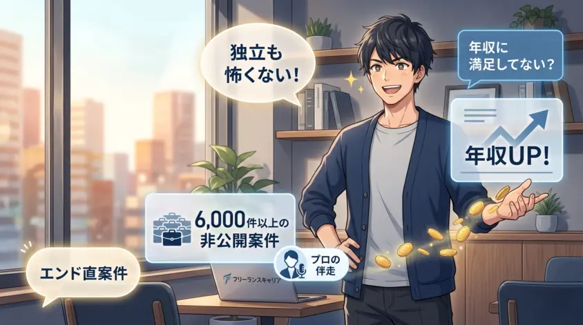 フリーランスキャリアで会社員から独立。エンド直案件や非公開案件で年収アップを実現する男性エンジニアのイラスト