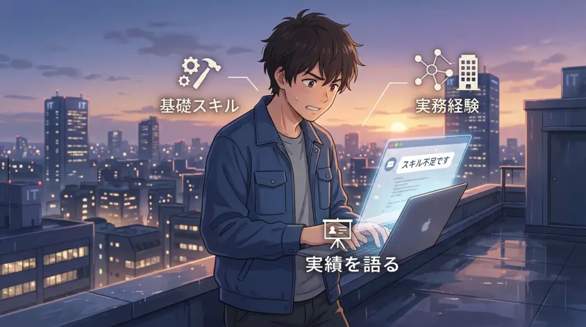 フリーランスエンジニア案件の紹介と実務経験・スキルの必要性を解説するイラスト。PCの前で悩む男性と、基礎スキル・実績の重要性を示すアイコン。