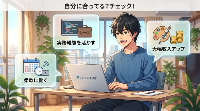 フリーランスキャリアに向いている人の特徴。実務経験を活かした独立、大幅な収入アップ、柔軟なリモートワークを希望するエンジニア・デザイナー向けの紹介イラスト