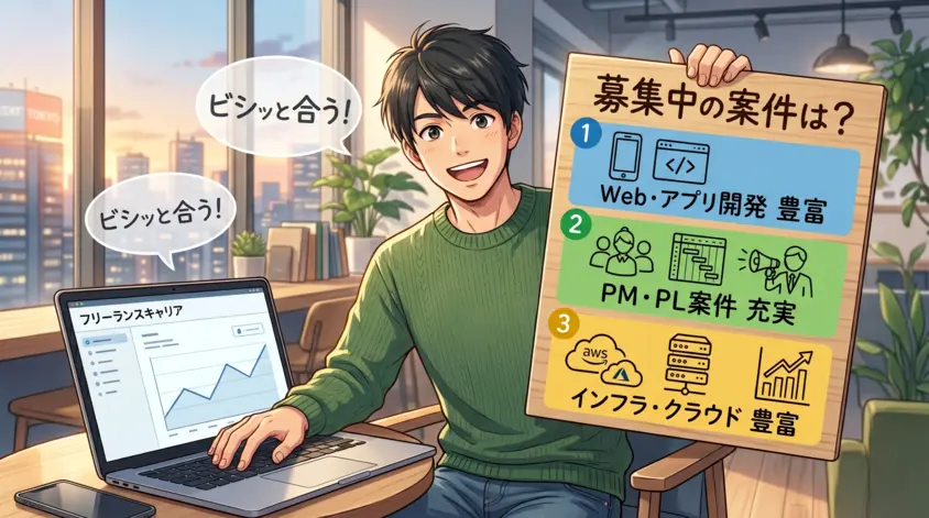 フリーランスキャリアで募集中の案件ジャンル。Web・アプリ開発、PM・PL案件、インフラ・クラウド(AWS/Azure)の豊富さを紹介する男性エンジニアのイラスト