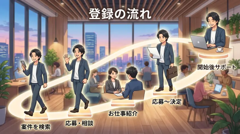 フリーランスキャリアの登録からお仕事開始までの5ステップ。案件検索、無料相談、お仕事紹介、応募・決定、参画後サポートの流れを解説するイラスト