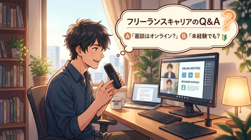 フリーランスキャリアの口コミQ&A。オンライン面談や未経験からの利用について解説する男性のイラスト